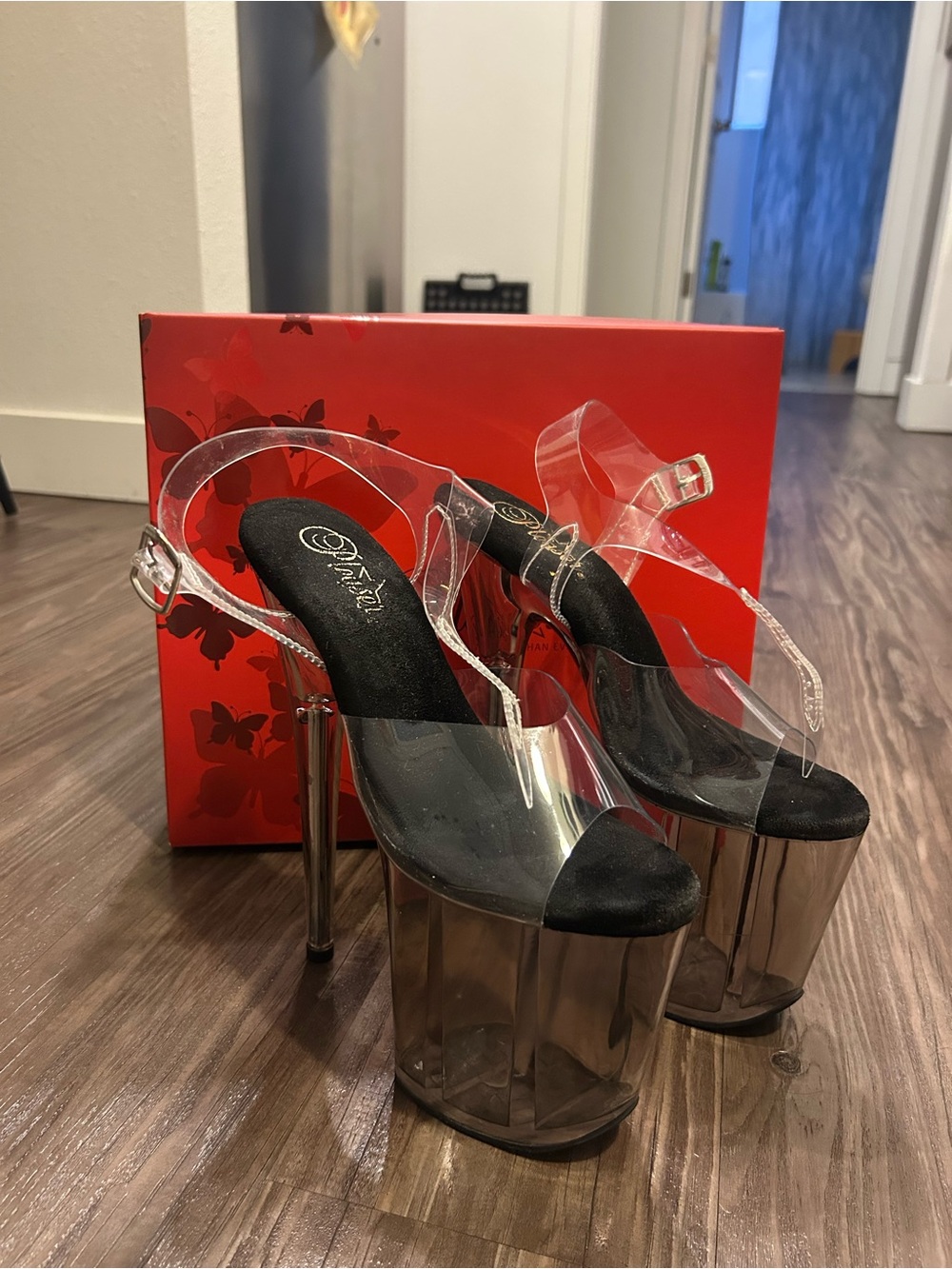 Pleaser 8 Inch Black Tint/Clear Platform Heels